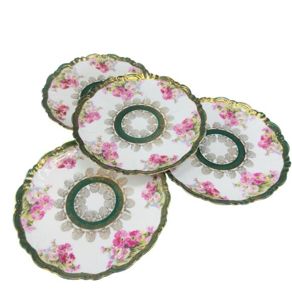Eleanor China Co Austria Porcelain Plate Dish Set 4 Flowers Gold Gild Vintage - Picture 1 of 16